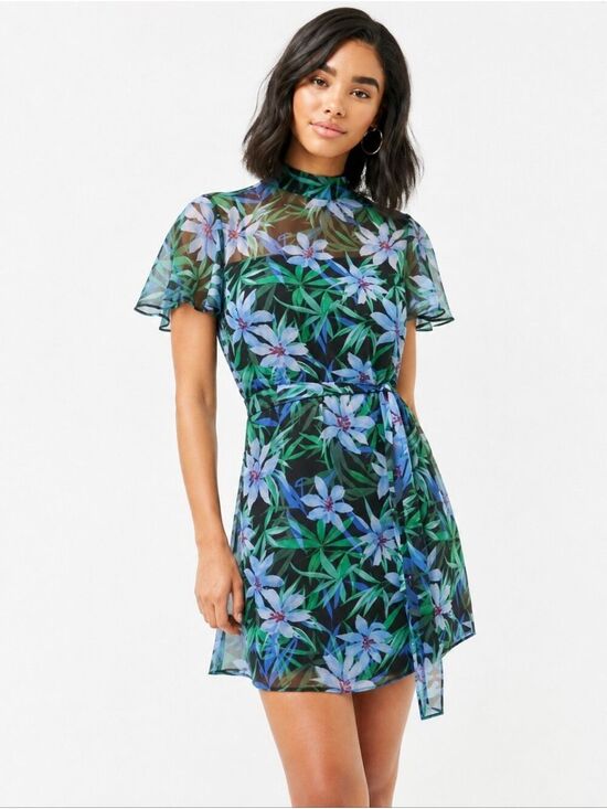 Forever 21 Dresses & Skirts - Forever 21 Sheer Floral Mock Neck Open Back Tie Waist Mini Dress